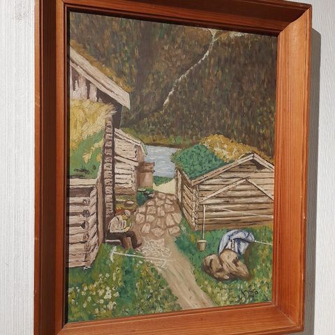 Eldre gårds maleri initialsignert H.Å 1950