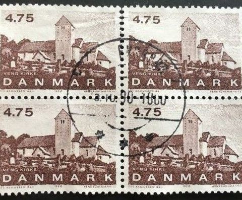 Danmark 1990 Jydske landsbykirker. Veng kirke 4-blokk AFA 975 Stemplet