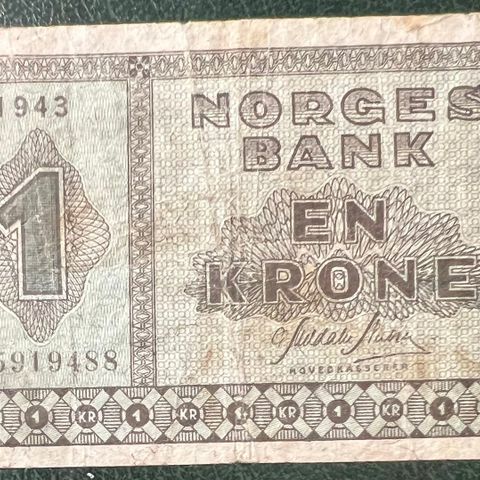 NORGE 1 KRONER. 1943 F. KVALITET 1. KATALOGPRIS 210kr