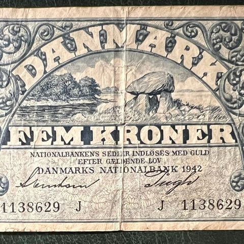 DANMARK.  5 KRONER. 1942 J.  Svak 1.  erstatningsseddel