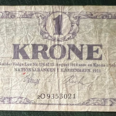 DANMARK 1 KRONE SEDDEL 1921. Litra 2 O. Kv. 1