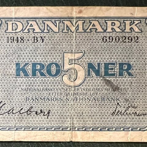 DANMARK 5 KRONER 1948. B Y.  KVALITET 1