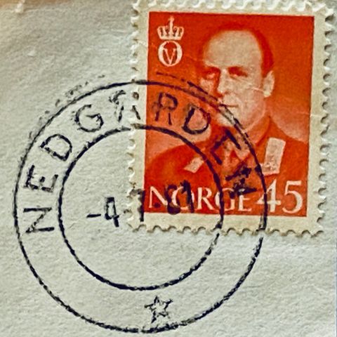 Norge 1961 Olav V Øremerker NK 460 Pent stempel: NEDGÅRDEN 5. 7. 61