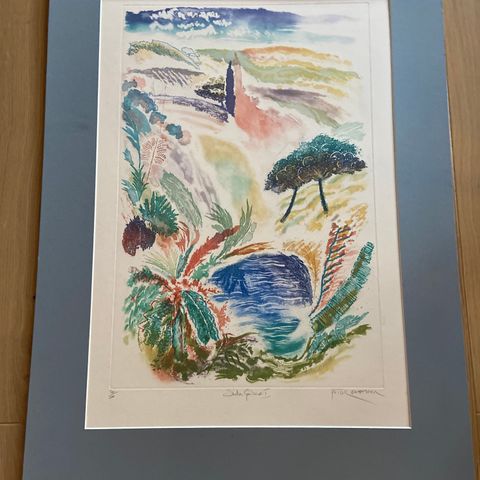 Stor (60*80 cm) signert vintage litografi i vakker pastell