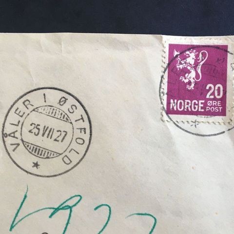 Norge 1927 Brev stemplet Våler i Østfold 25. VII. 27 sendt til Lillehammer