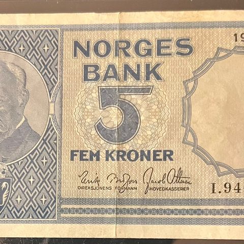 NORGE 5 KRONER SEDDEL 1961 I. Kv. 1+. Katalogpris 210kr