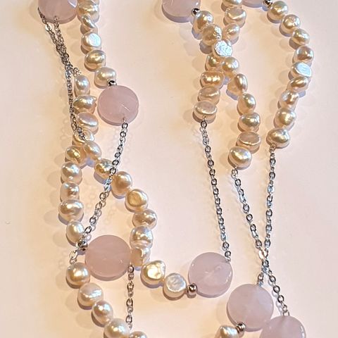 Pearl Perle & Rosenkvarts Rose Quartz Sølv 925 Silver Necklace Halskjeder 18ct