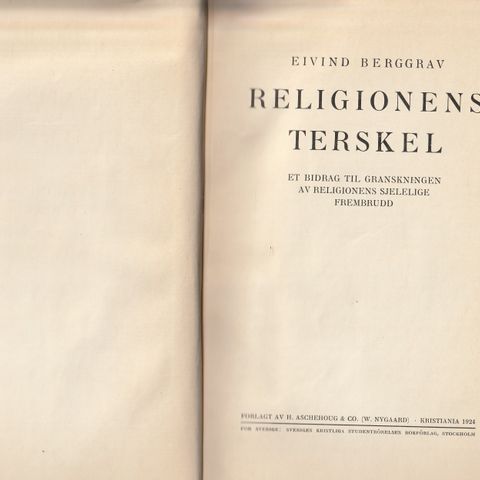 E. Berggrav Religionens terskel Kristiania  1924 innb . forlagsbind