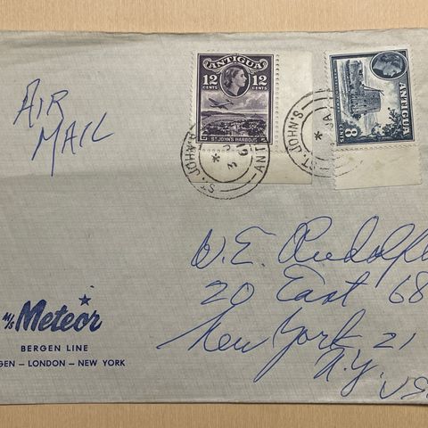 M/S Meteor Bergen Line BDS Air Mail Antigua St. John’s brevkonvolutt