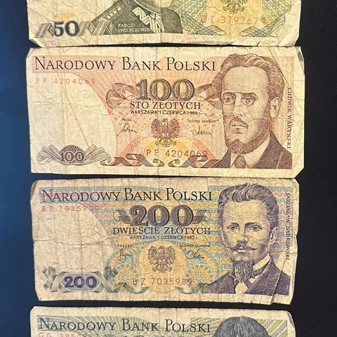 4 stk sedler fra Polen, Zloty  periode 1976 -1988  (383 Y)