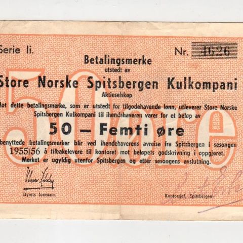 Betalings-merke, Store Norske Spitsbergen kullkompani. Selges.