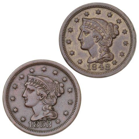 USA, Large Cent 1848 and 1853 til salgs