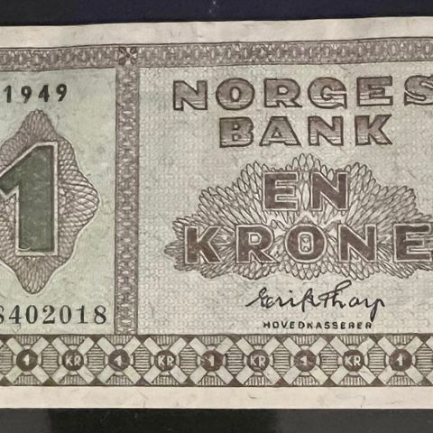 NORGE. 1 KRONE 1949M   KVALITET 1+. KATALOGPRIS 315 kr.