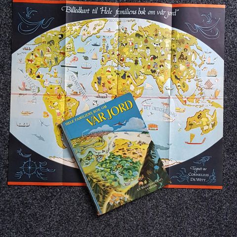 Eldre bildegeografi bok med stort, løst dekorativt kart inntakt (fra 1956)