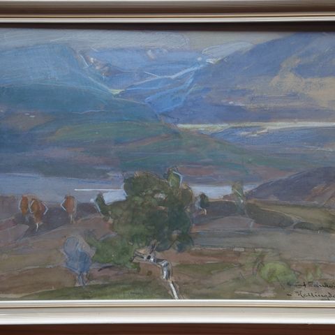 Maleri dvs akvarell, gouache, fra Hallingdal av Ragnvald Sandvik, Hamar, Nes