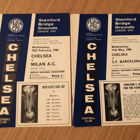 Chelsea mot AC Milan og FC Barcelona fra 1966 fotballprogrammer