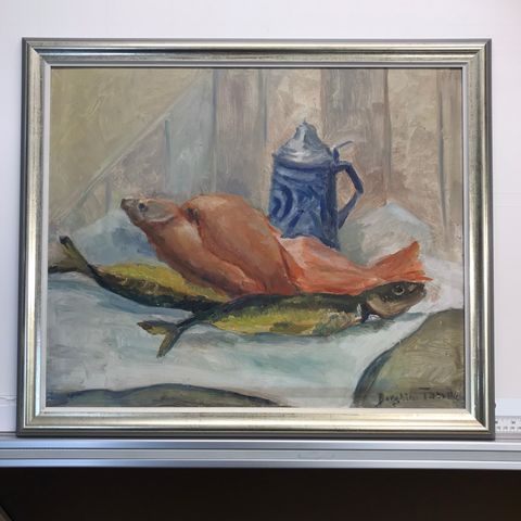 Eldre vakkert maleri - et stilleben med krukke og fisk