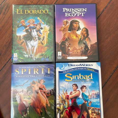 Animasjon (DVD) 4 filmer, El Dorado, Spirit, Sinbad, Prinsen av Egypt