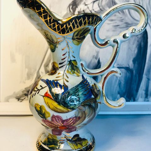 Vase 317 frå H.Bequet, Quaregnon. Luster, gull og fuglemotiv.