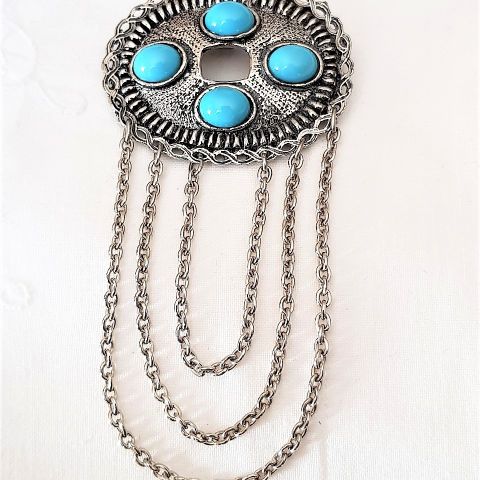 Brosje med turkise perler og metallkjeder - Vintage