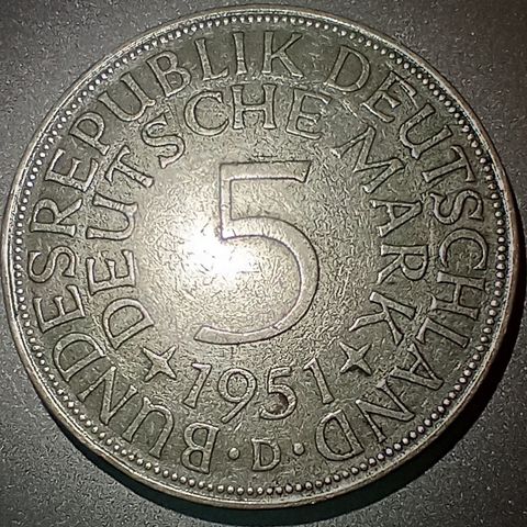 Vest-Tyskland 5 mark 1951 D München .625 sølv NY PRIS