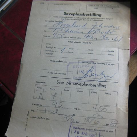 NSB  Soveplassbestilling  Tr.Hj -Bodø 1967