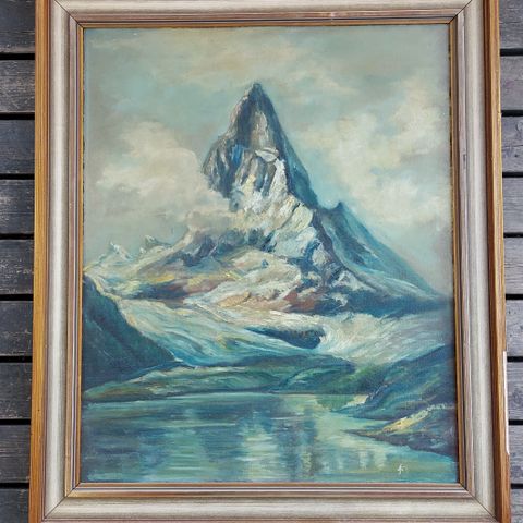 Maleri av fjelltopp, signert