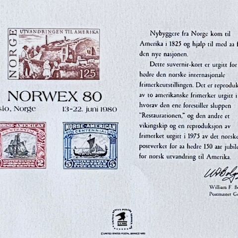 Norge / USA 1980 United States Postal Service souvenir-kort Norwex'80