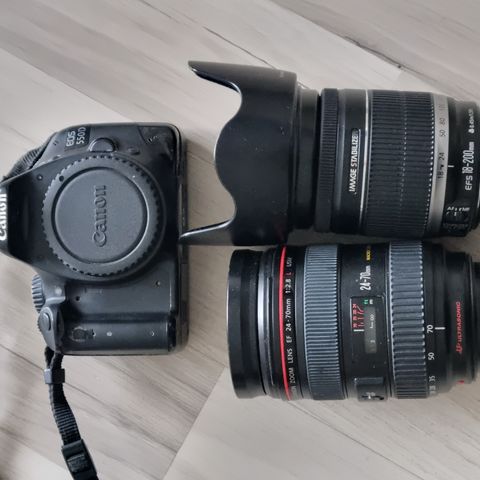 Canon EF lens 24-70 mm, Canon 550 D og Canon zoom lens 18-200 mm