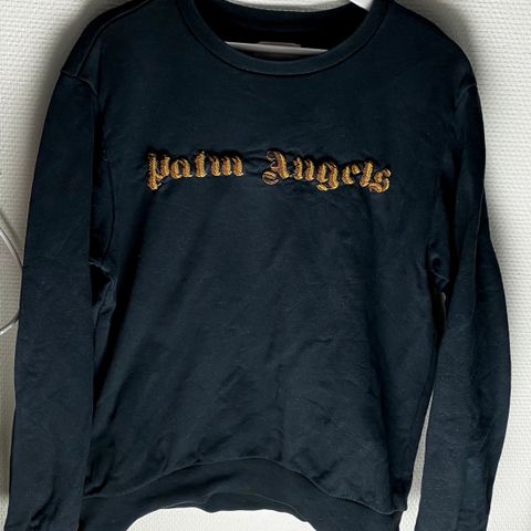 PALM ANGELS - BLACK LOGO EMBROIDERED SWEATER - ROUND NECK - GOLD LOGO EMBROIDERY