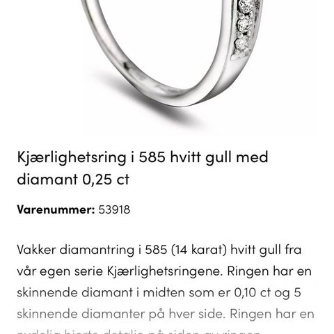 Kjærlighetsring i 585 hvitt gull med diamant 0,25 ct