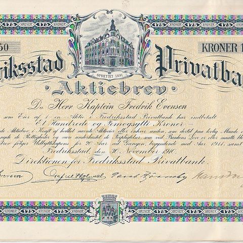 AKSJEBREV- FREDRIKSTAD  PRIVATBANK -  1910