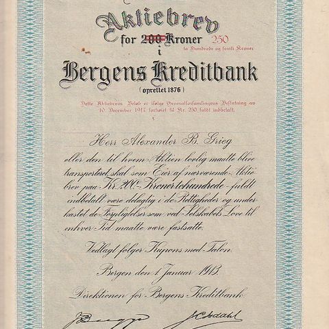 AKSJEBREV- BERGENS KREDITBANK - BERGEN  1913