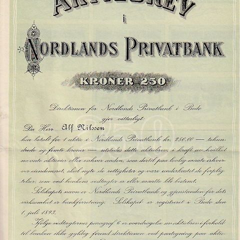 AKSJEBREV - NOTRDLANDS PRIVATBANK- BODØ  1917