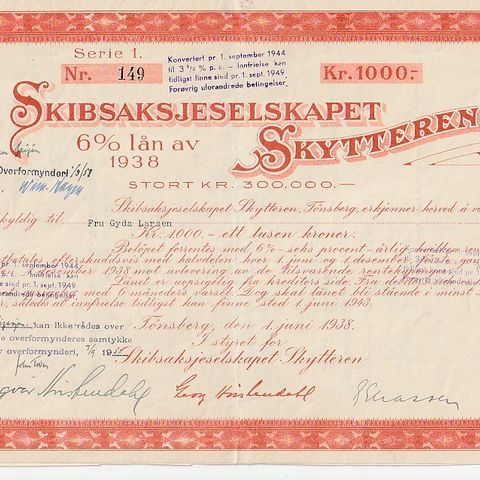 AKSJEBREV- SKIBSAKTIESELSKAPET SKYTTEREN- TØNSBERG  1938