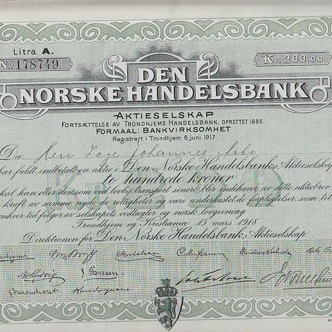 AKSJEBREV - DEN NORSKE  HANDELSBANK- TRONDHJEM OG  OSLO  1918