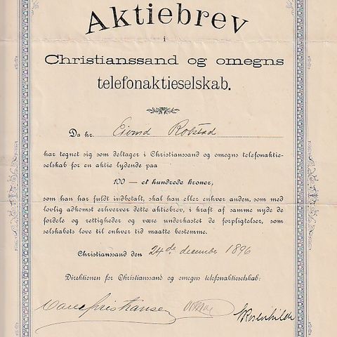 AKSJEBREV - CHRISTIANSAND OG OMEGNS TELEFONAKTIESELSKAP- 1896