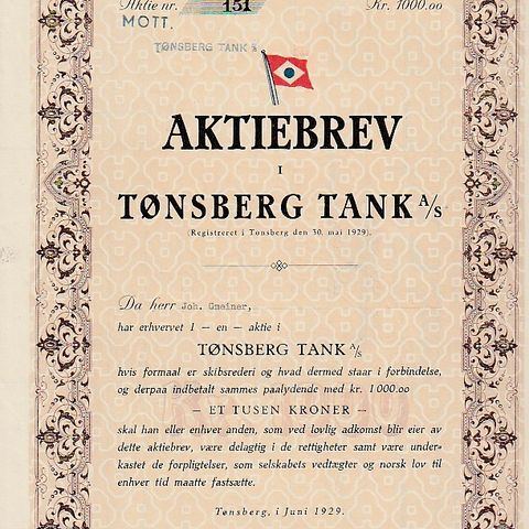 AKSJEBREV  TØNSBERG  TANK - TØNSBERG  1929