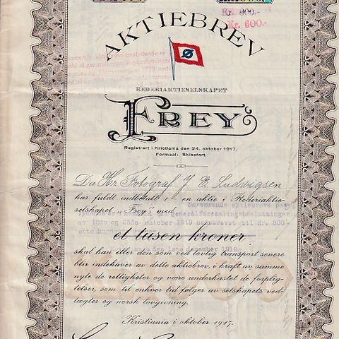 AKSJEBREV - FREY REDERIAKTIESELSKAPET - KRISTIANIA  1917