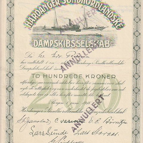 AKSJEBREV - HARDANGER SØNDHORDLANDSKE  DAMPSKIBSSELSKAB- BERGEN 1918