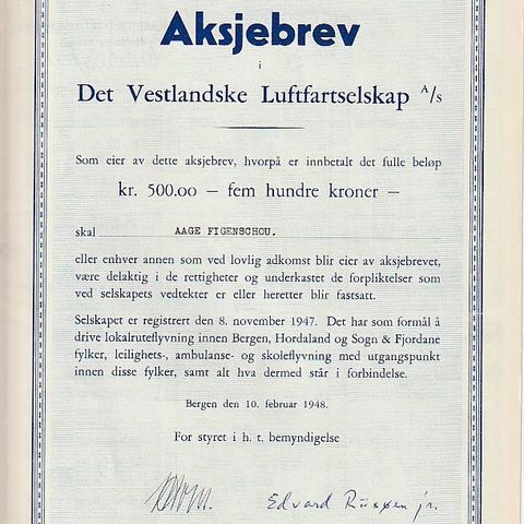 AKSJEBREV - DET  VESTLANDSKE LUFTFARTSELSKAP - BERGEN 1948