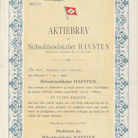 AKSJEBREV- HAVSTEN SKIBSAKTIESELSKAP - TØNSBERG  1931