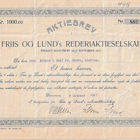 AKSJEBREV- FRIIS OG LUND REDERIAKTIESELSKAB- DRAMMEN  1917