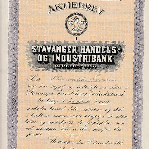 AKSJEBREV- STAVANGER HANDELS- OG  INDUSTRIBANK-  1915