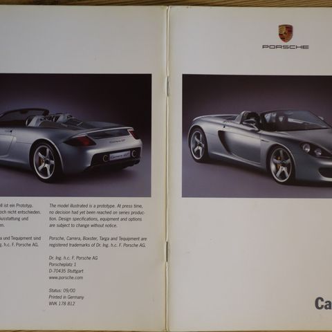 Porsche Carrera GT brosjyre original