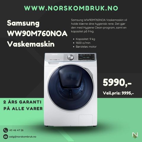 Samsung WW90M760NOA Vaskemaskin - 24 mnd garanti! www.norskombruk.no