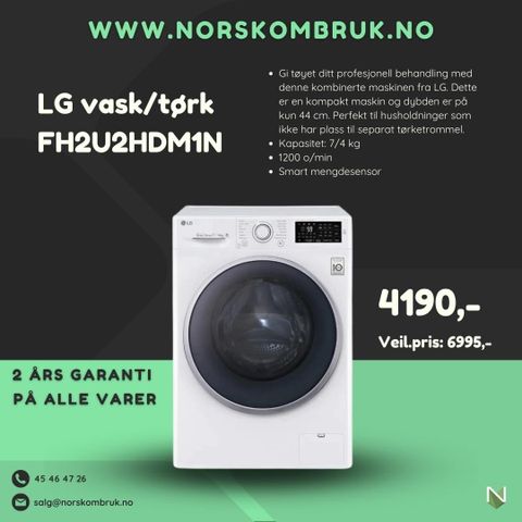 LG vask/tørk FH2U2HDM1N - 2års garanti på alle hvitevarer www.norskombruk.no