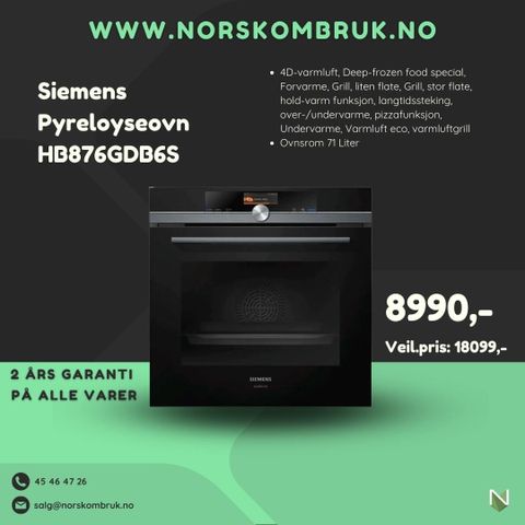 Siemens pyreloyseovn HB876GDB6S - 2 års garanti www.norskombruk.no