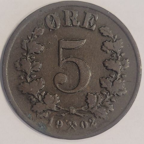 5 øre 1902 NORGE, pent eksemplar
