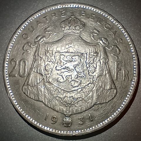 Belgia 20 francs/4 belgas 1931, fransk tekst (posisjon B) NY PRIS
